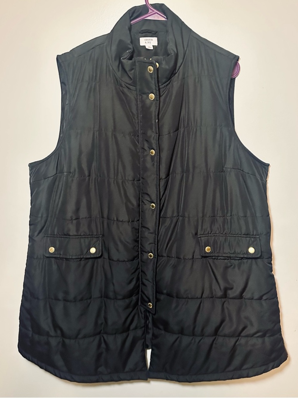 Crown & Ivy Black Puffer Vest 3X Snap Front Quilted Cozy